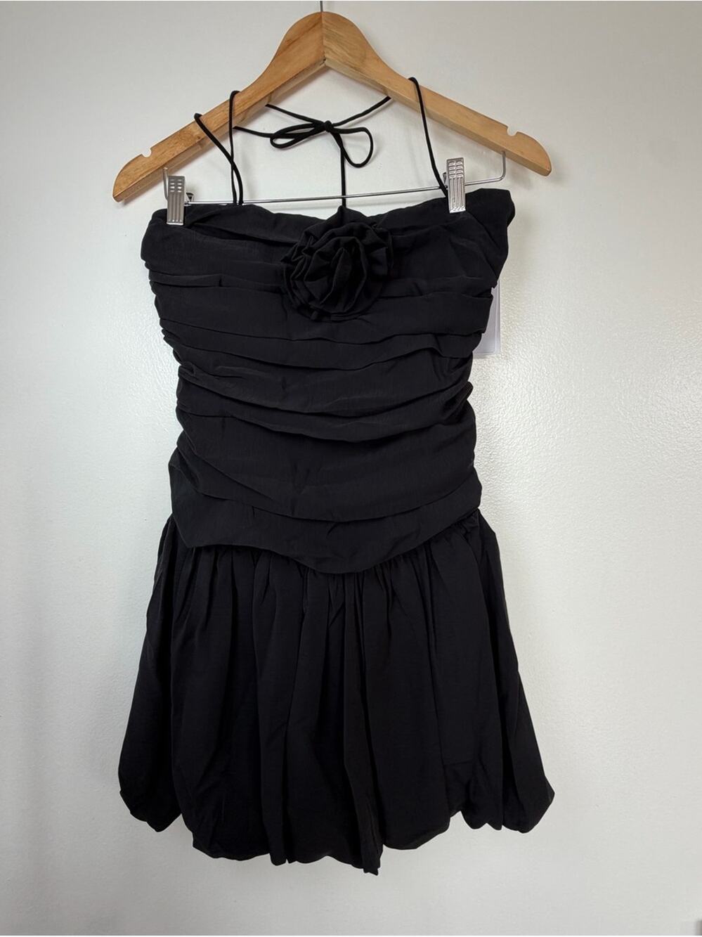 Lucy Paris Black Strapless Rosette Bubble Hem Mini Dress | Ruched Party Dress M